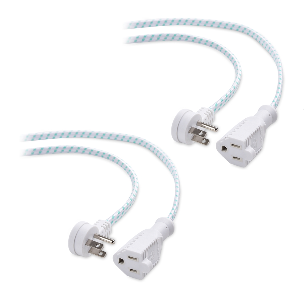 Flat Plug Extension Cord 1 Ft, 16 AWG 3 Prong Grounded Wire Short Power  2-Pack