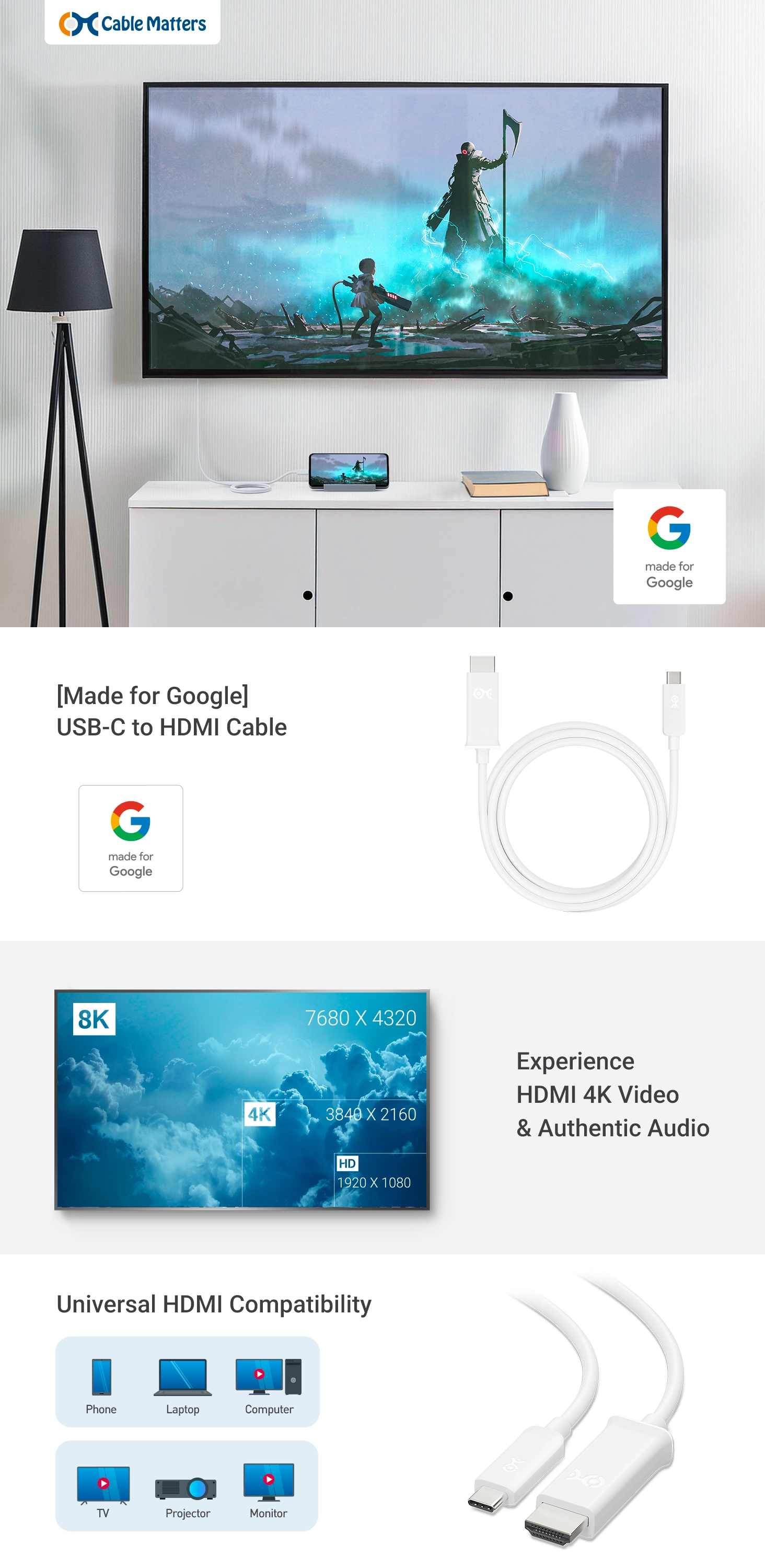 Made for Google USB-C to HDMI Cable