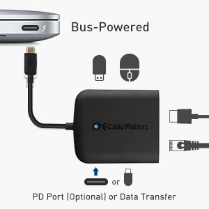 USB C Multiport Adapter (USB C Hub with HDMI 4K), 2X USB 3.0, Gigabit Ethernet, and 80W PD in Black